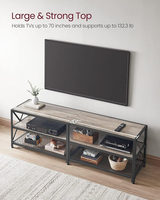 TV Stand, TV Console for Tvs up to 70 Inches, TV Table, 63 Inches Width, TV Cabinet with Storage Shelves, Steel Frame, for Living Room, Bedroom, Greige and Black ULTV095B02